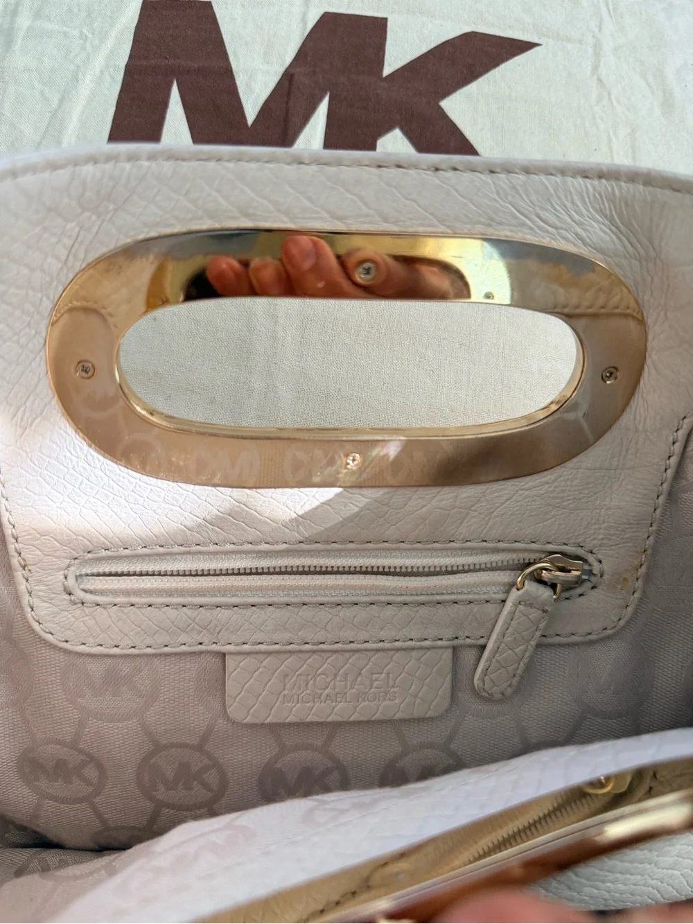 Michael Kors Ivory Leather Handheld Clutch with Gold-Tone Handle